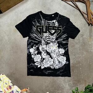 Guess Embroidered Tiger Rose AOP Tee Mens Small Black Silver Punk Grunge Shirt